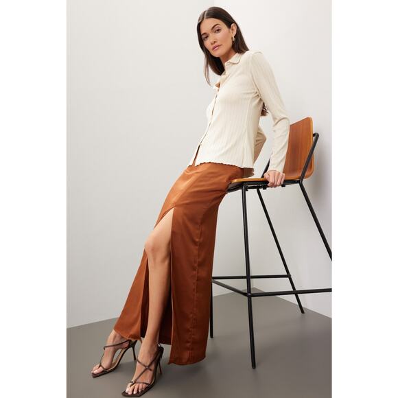 Club Monaco Trycia Brown Satin Bias Slip Slit Maxi Skirt Size 8 - Picture 4 of 14